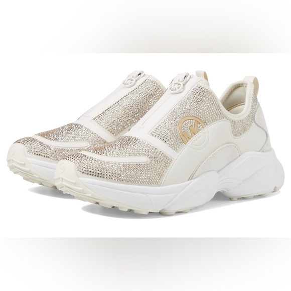 NWT MICHAEL KORS Sami Rhinestone Zip Trainer White 7.5 Statement Sneakers Shoes - Picture 1 of 6